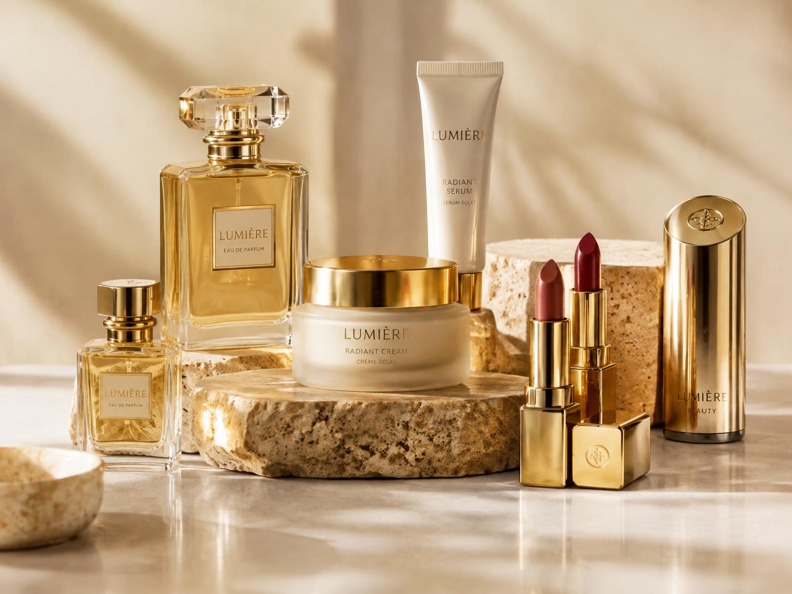 Perfume bottles, skincare jars and gold lipsticks on stone pedestals