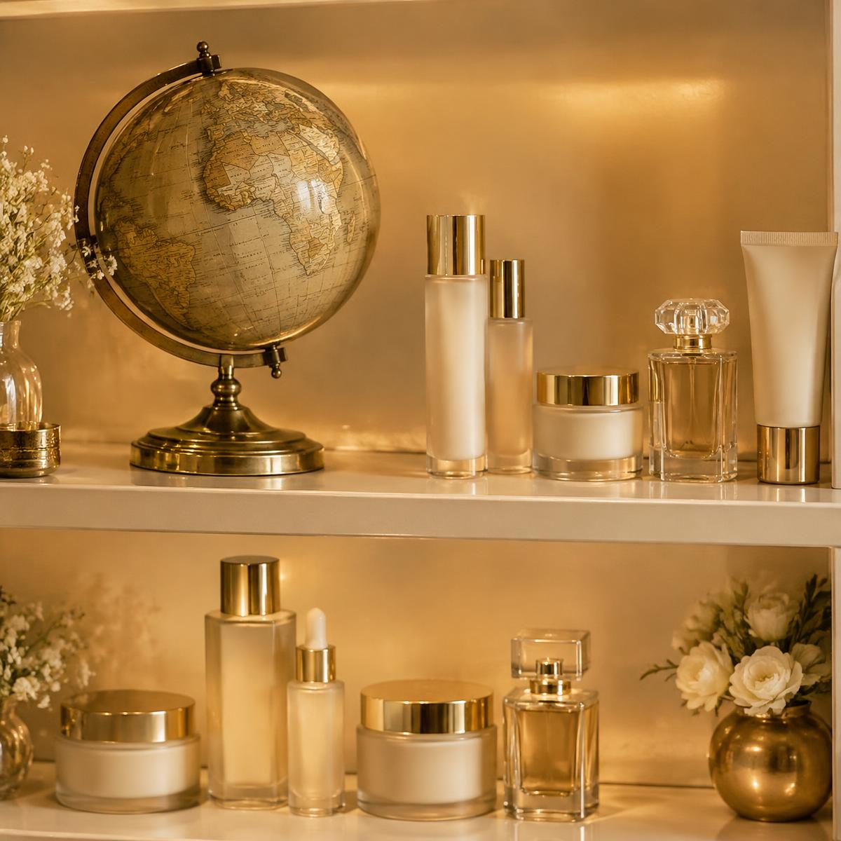 Brass globe beside skincare and perfume on warm shelves